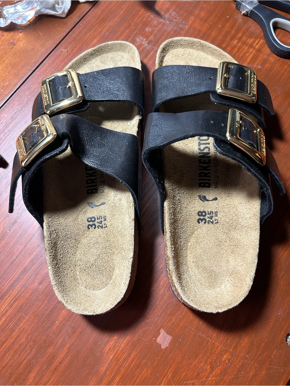 Birkenstock Black Double-Strap Sandals with Gold Buckles